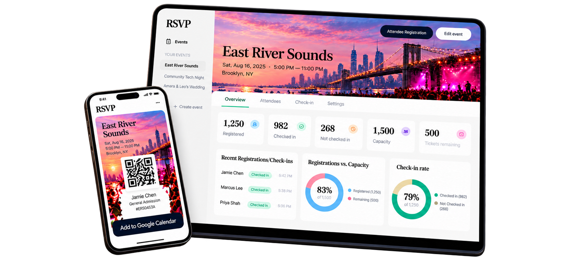 RSVP dashboard and ticket preview on laptop and phone